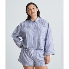 Everlane Womens Size M Blue White Striped Button Crop Cotton Woven PJ Top