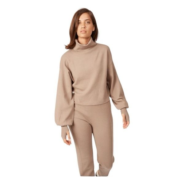 Silk & Salt Luxe Knit Lounge Set Taupe Brown Heavyweight Knit Crop Turtleneck Sw