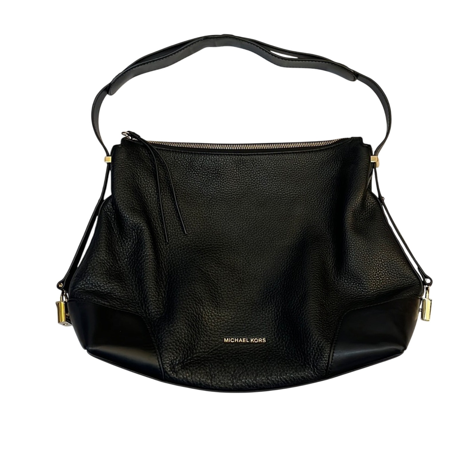Michael Kors Crosby Large Pebbled Leather Shoulder Bag Black Gold Hardware