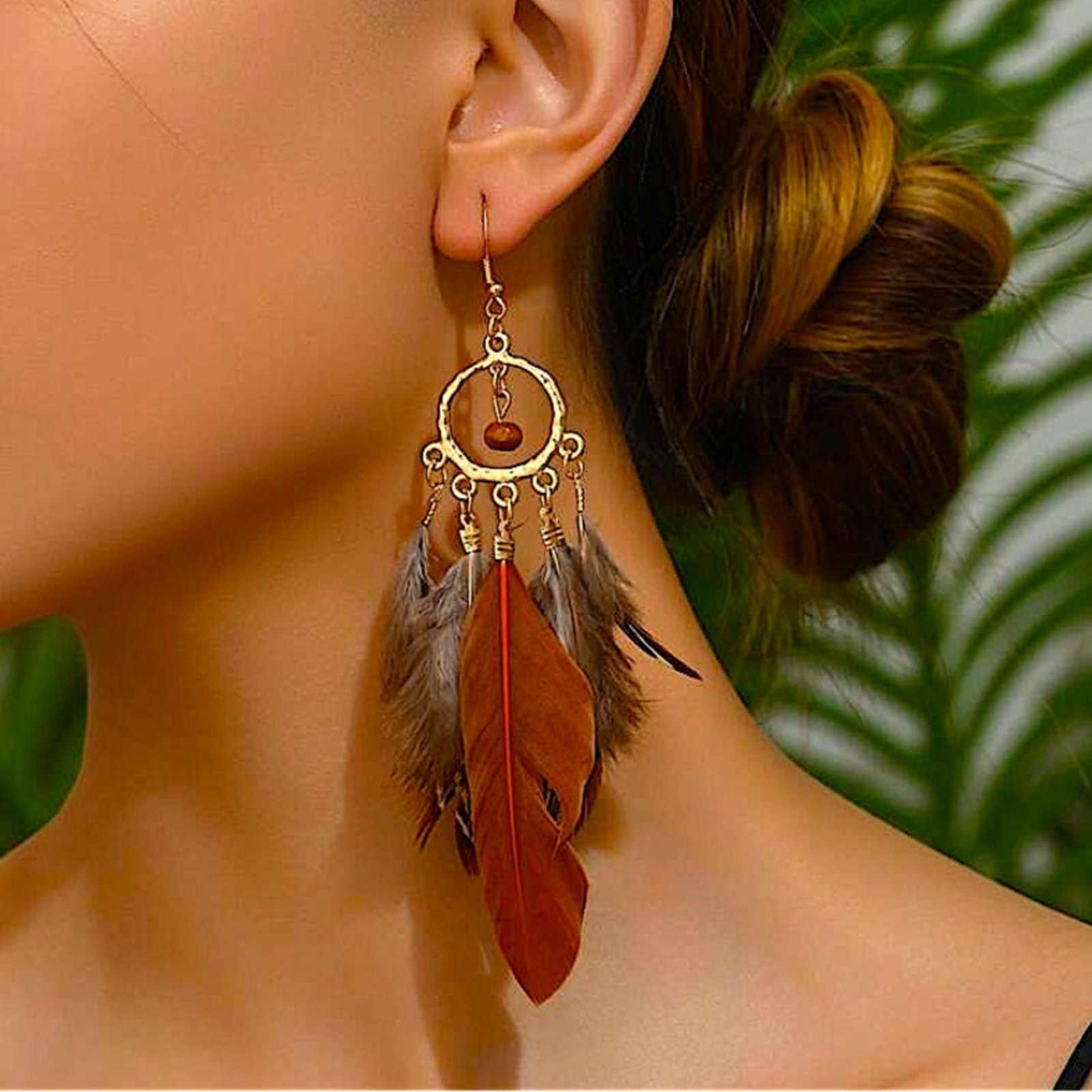 Bohemian Handmade Feather Dangle Earrings, Tribal Design, Western, Boho, Fr…