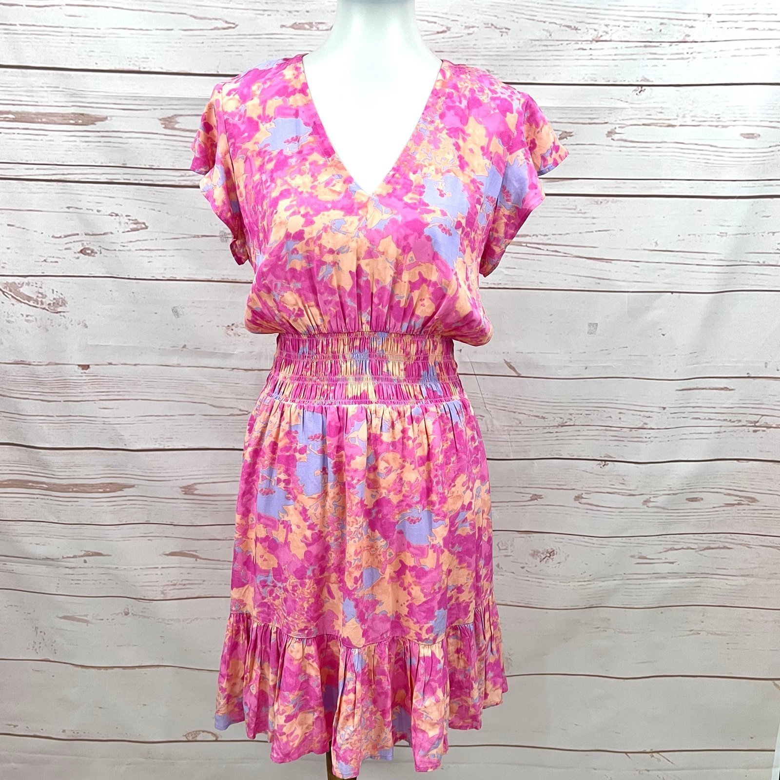 NWT Rails Abstract Floral Bright Pink Periwinkle Blouson Flutter Sleeve Dress