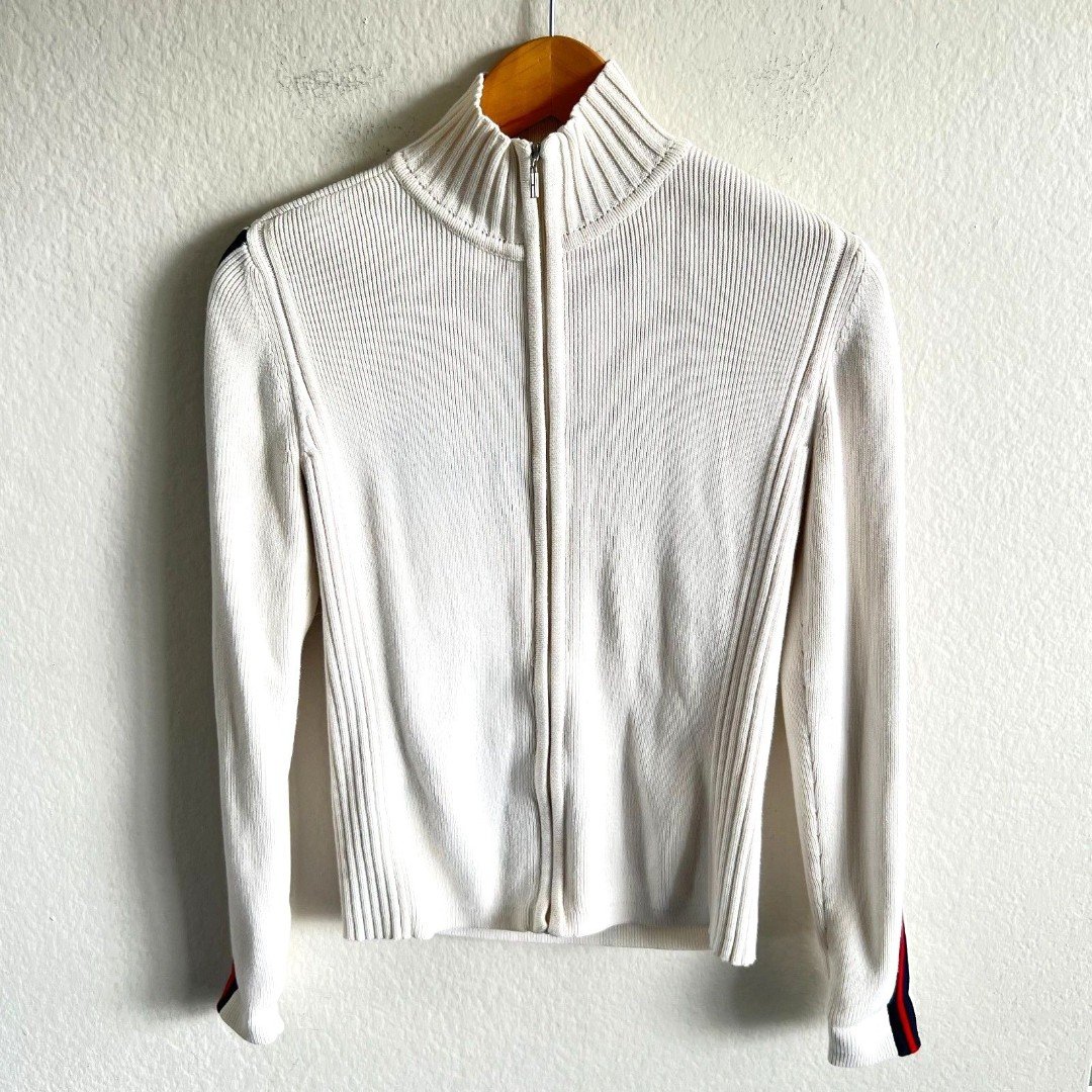 TOMMY HILFIGER Vintage Y2K 2000s White Cream Full Zip Cotton Sweater Women Small