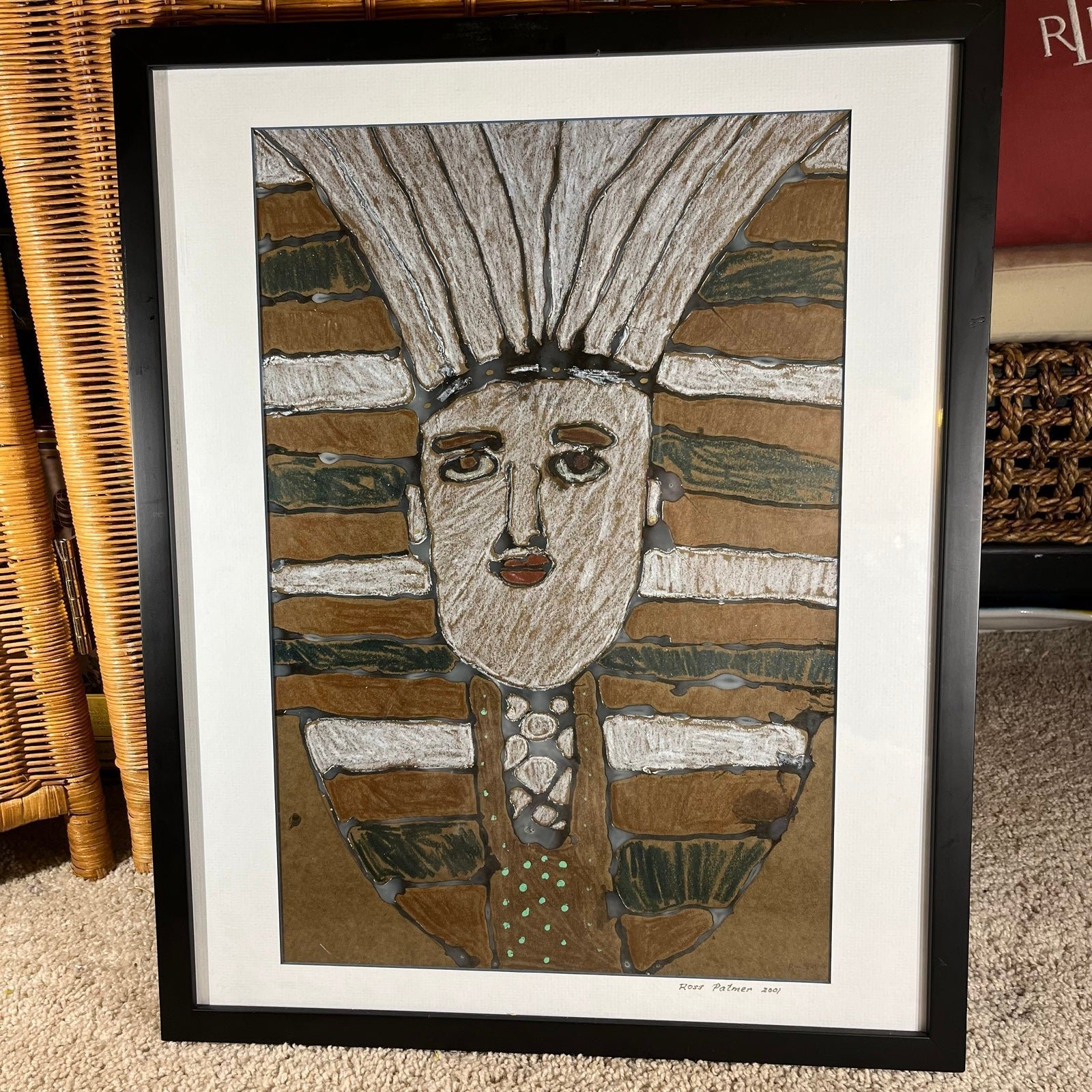 Unique face original art piece paint chalk art painting artwork framed matted