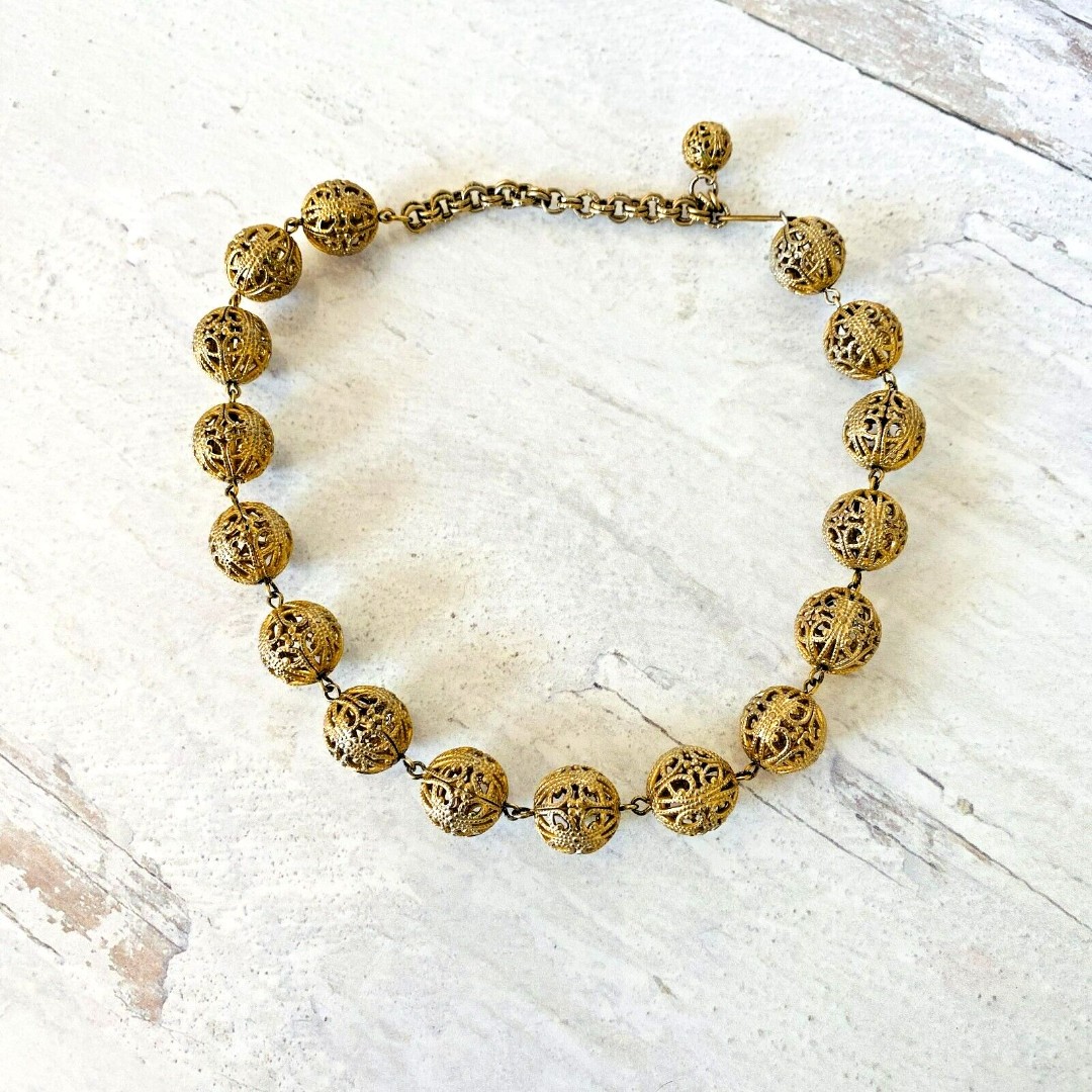 Vintage 14MM Filigree Ball Bead Necklace 13 to 16 Adjustable Statement Light