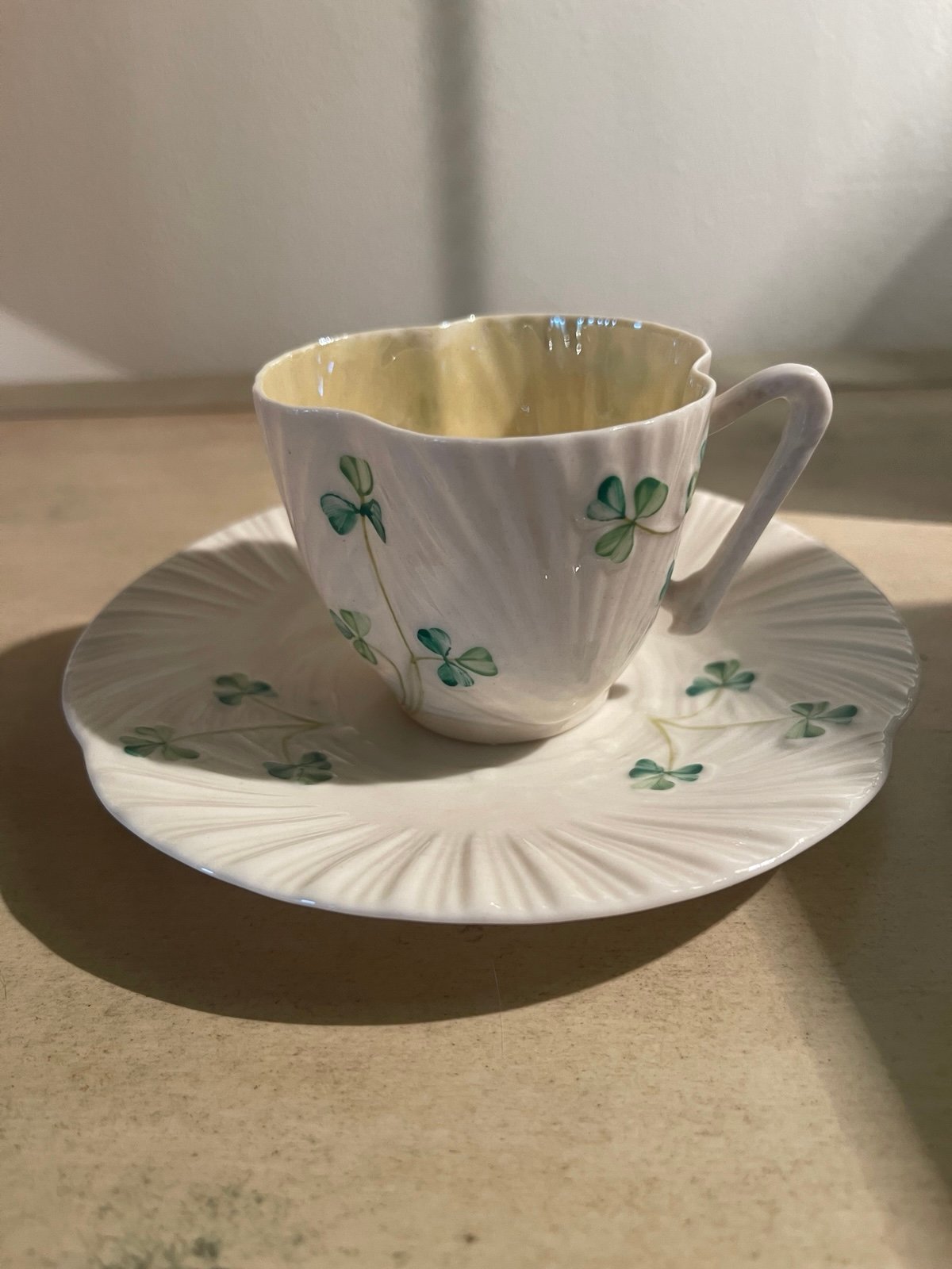 Belleek Shamrock Shell Harp Handled Opal Teacup Saucer Set Green Mark Ireland