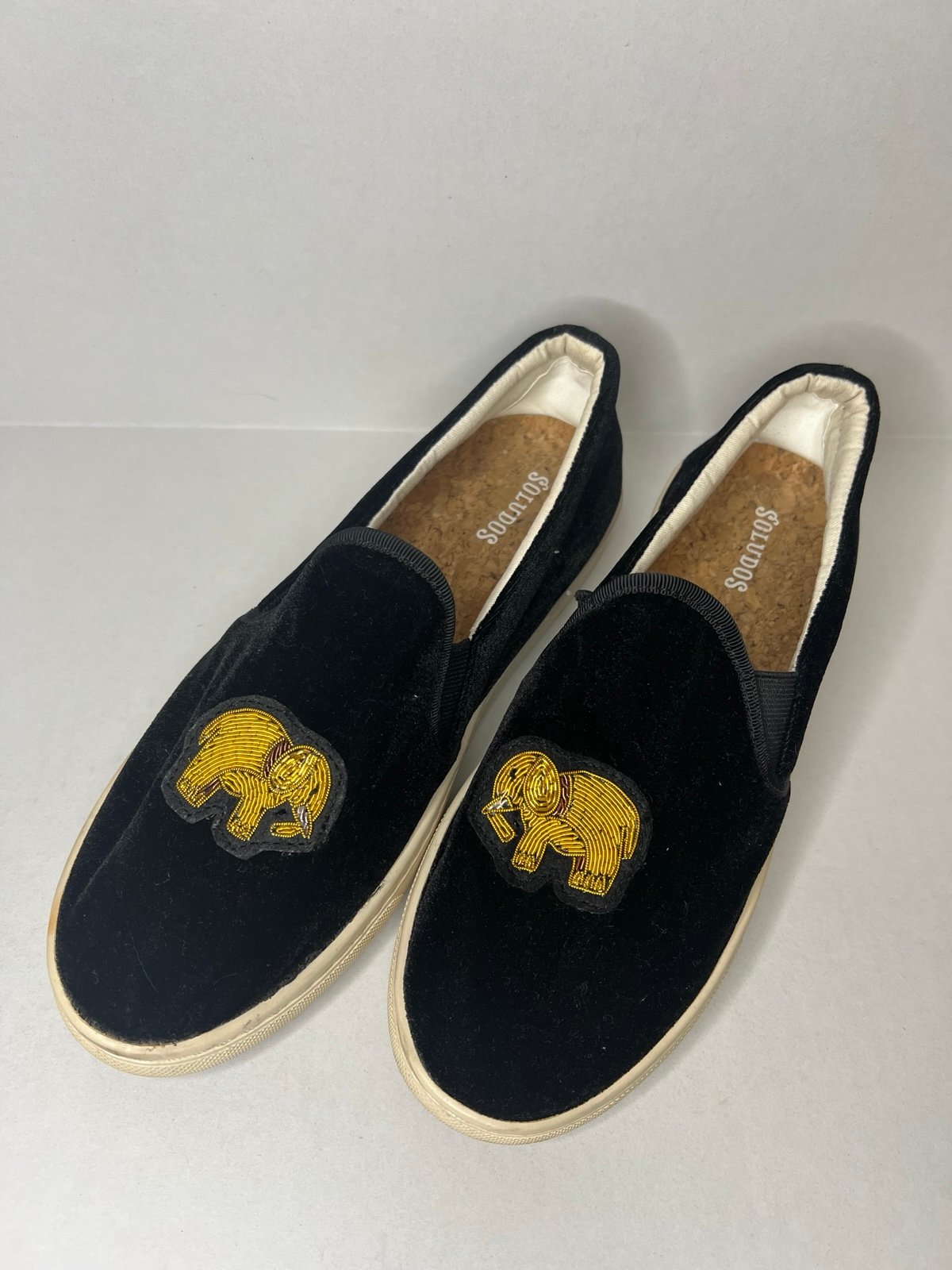 Solid is Black Velvet Slip On Flat Sneakers with Gold Beaded Elephants 7.5