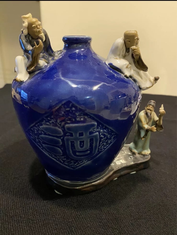 Rare Vintage Feng Shui Shiwan Chinese Mud Men Vase.3 Gods Fortune, Prosperity &