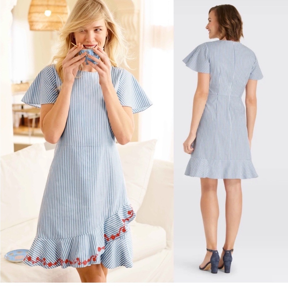Draper James Embroidered Faux Wrap Dress Blue White Stripes Ruffle Size 6