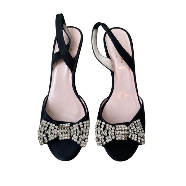 Kate Spade Womens Black Miva Jeweled Bow Satin Slingback Open Toe Heels Sandals
