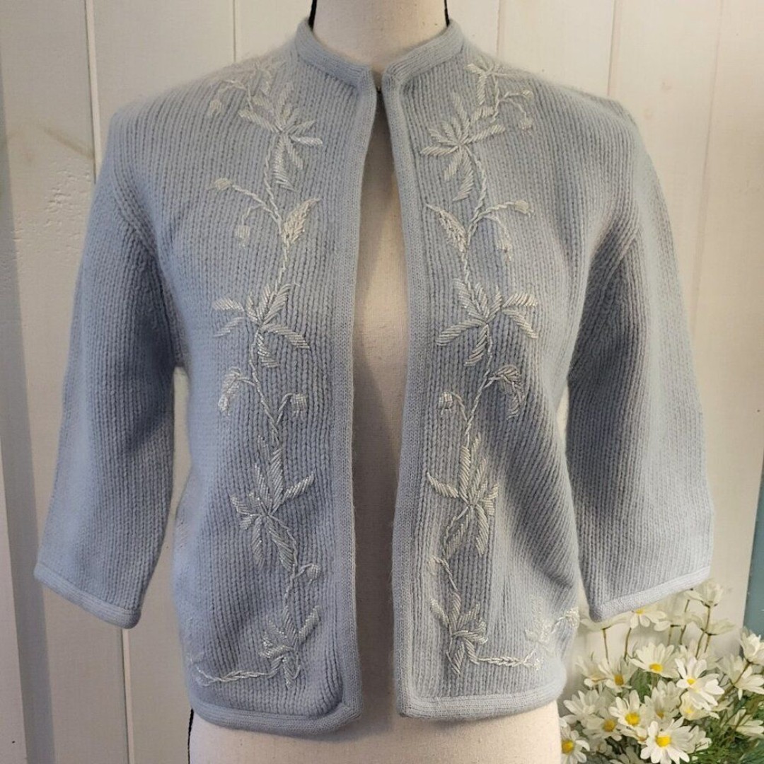 Vintage Ohrbachs Lambs Wool Angora Knit Open Front Cardigan Sweater