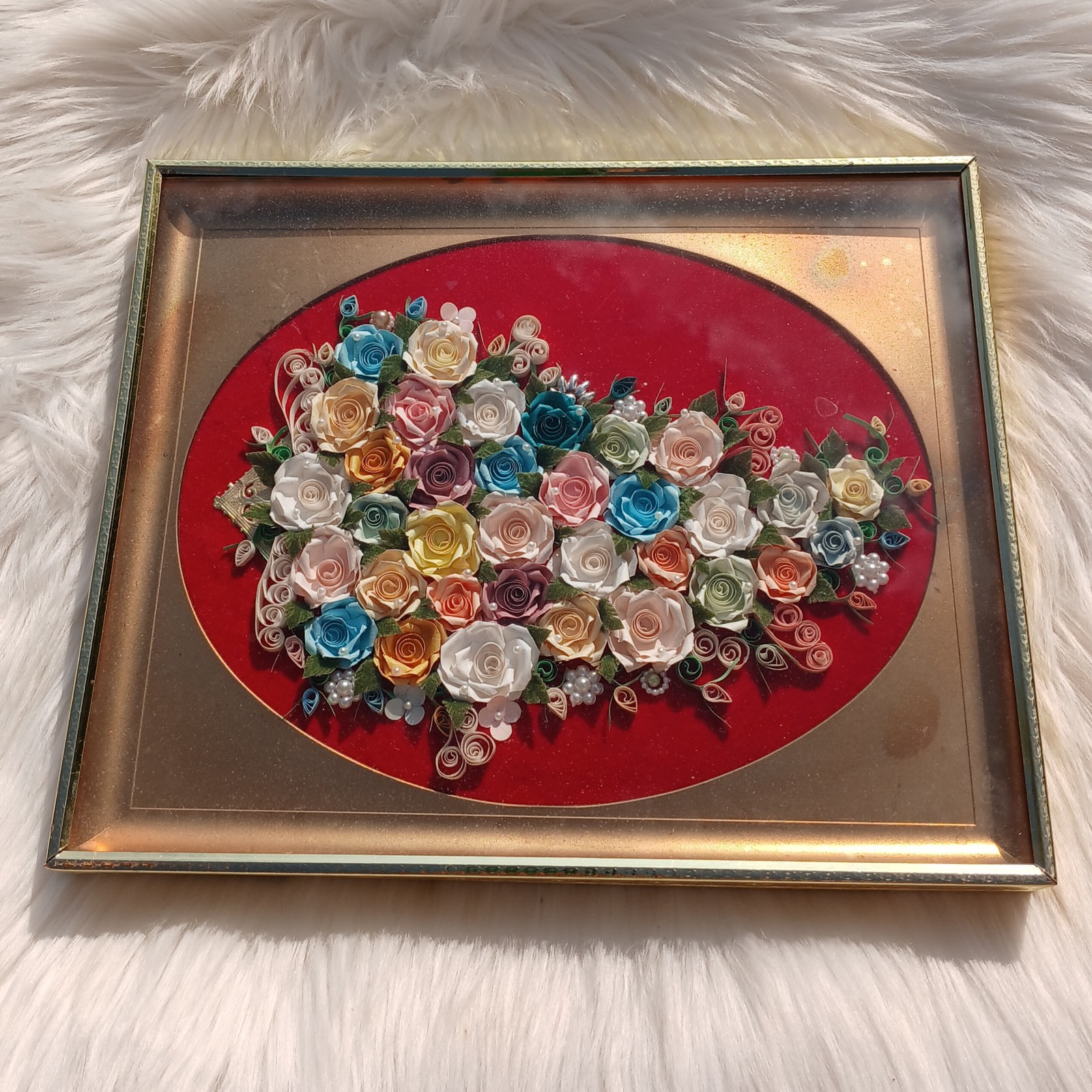 Vintage Art Paper Quilling Floral Flowers Roses Pearls Framed Picture Frame vtg