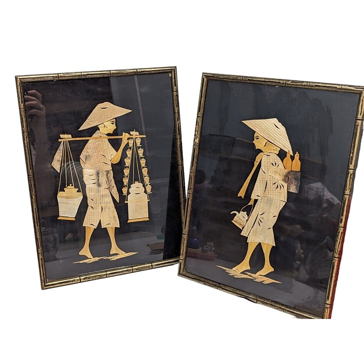 Vintage Asian Folk Art Straw on Black Linen Fabric Framed Wall Art Set of 2