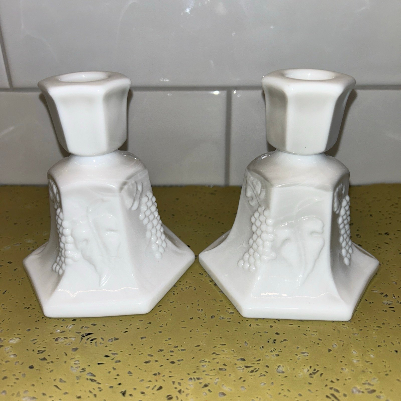 2/Pair FOSTORIA White MILK GLASS Candle Stick Holder PANEL 3D HARVEST GRAPE 4¼ T