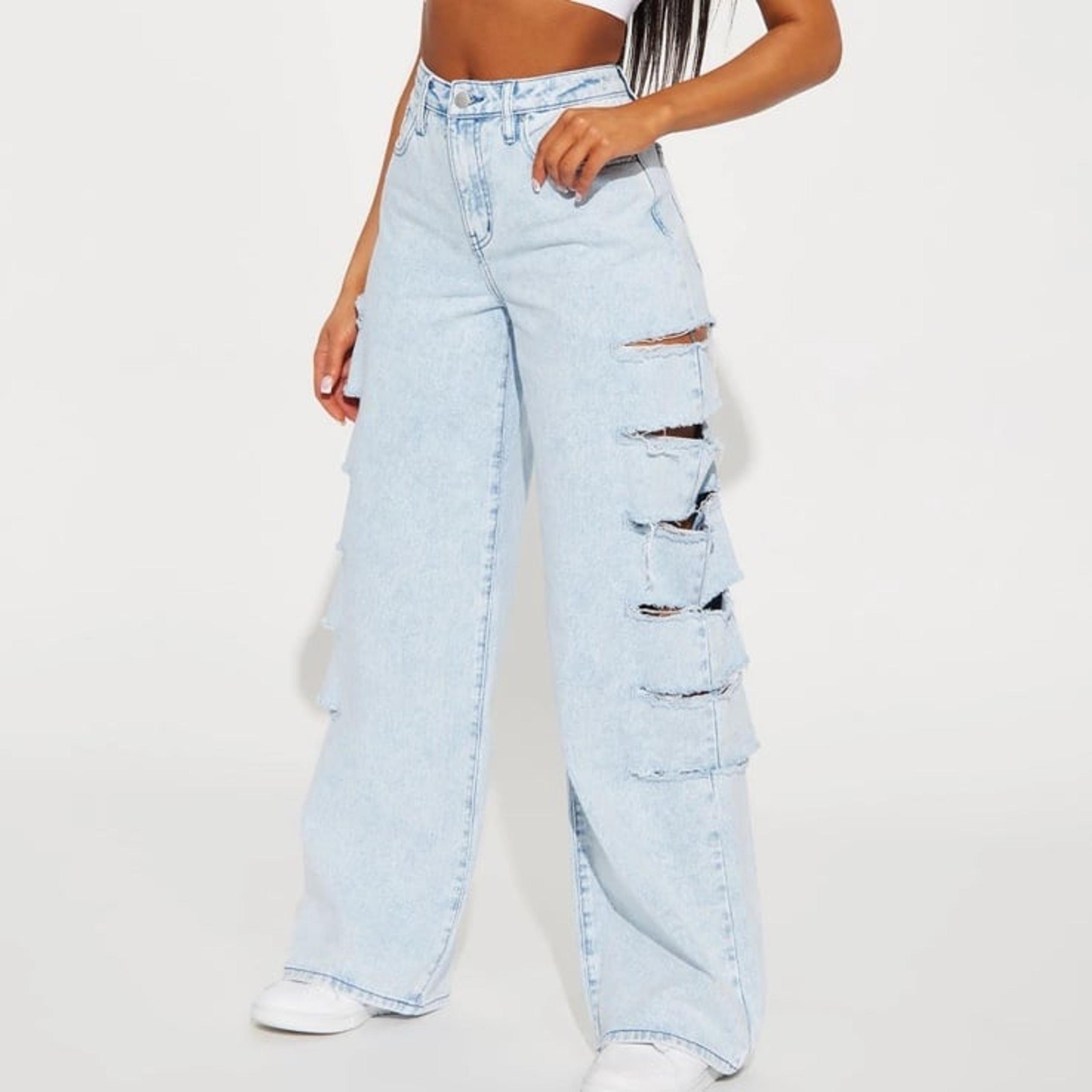 Fashion Nova City Streets Ripped Baggy Wide Leg Jean - Light Blue Wash