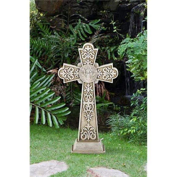Saint Benedict of Nursia Stoneresin Garden Cross Statue, 24 Inch