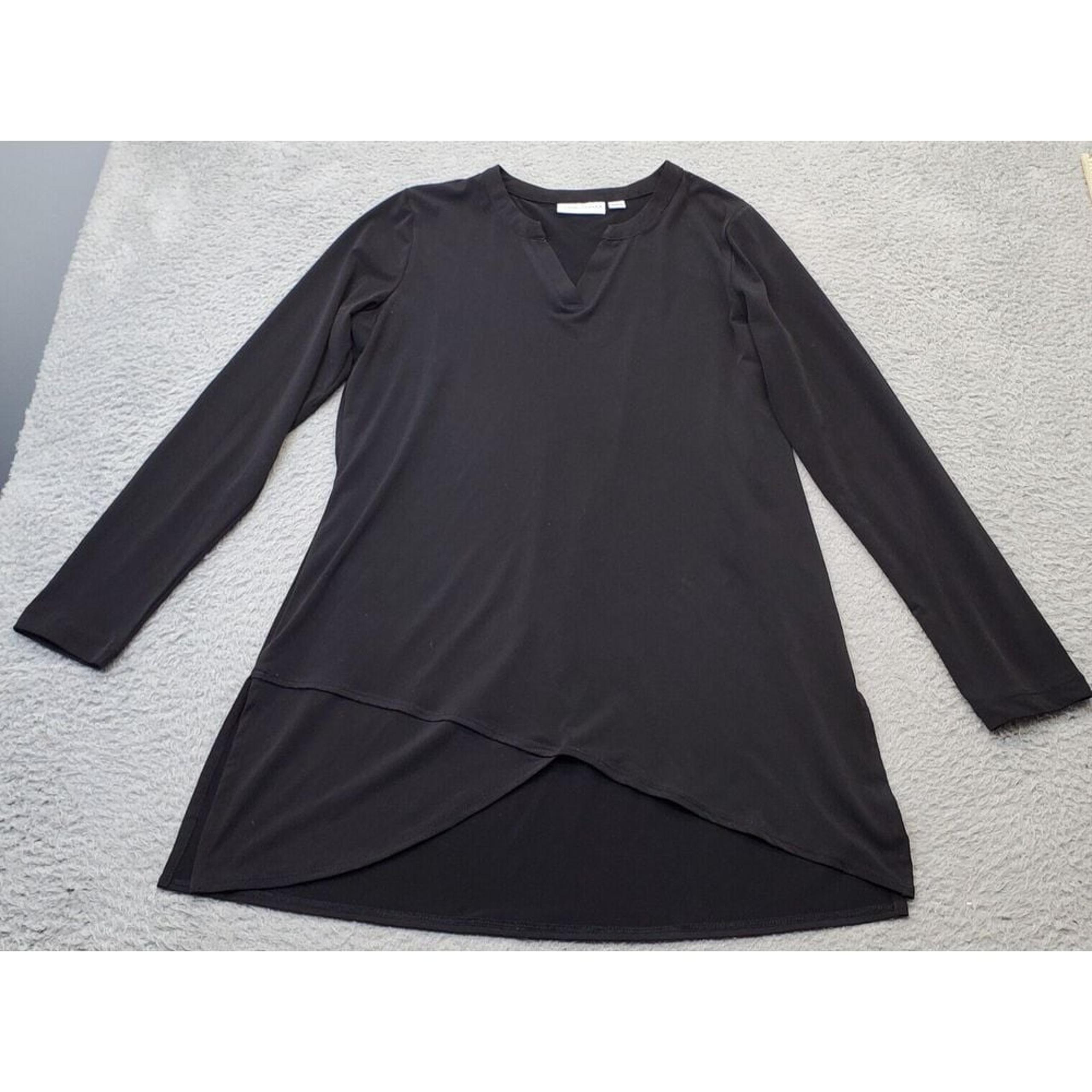 Susan Graver Tunic Top Womens XS Black Long Sleeve Asymmetrical Hem Split V Neck