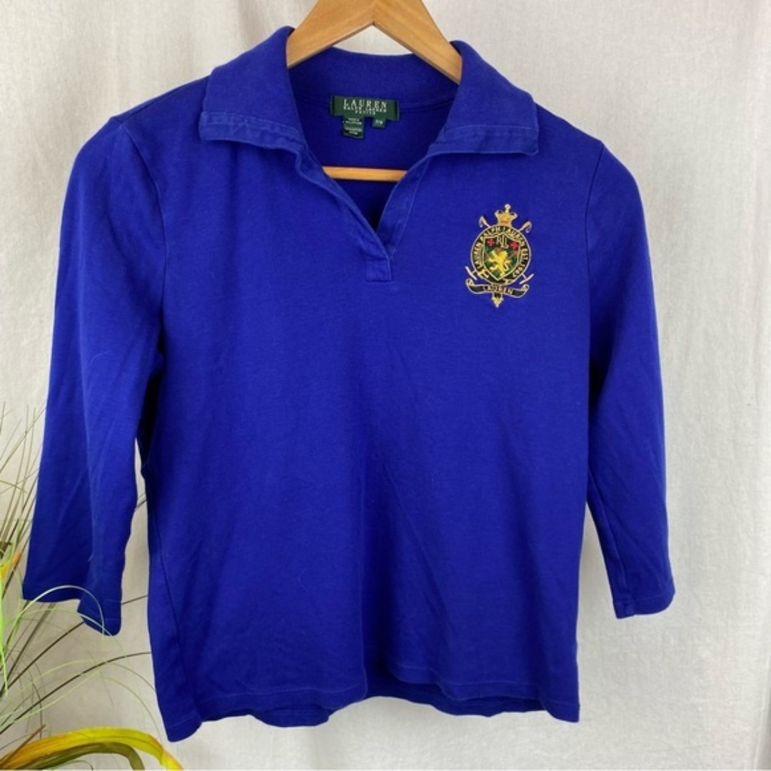 Ralph Lauren Blue Cotton Long Sleeve Crest Embroidered Polo Shirt Top PM
