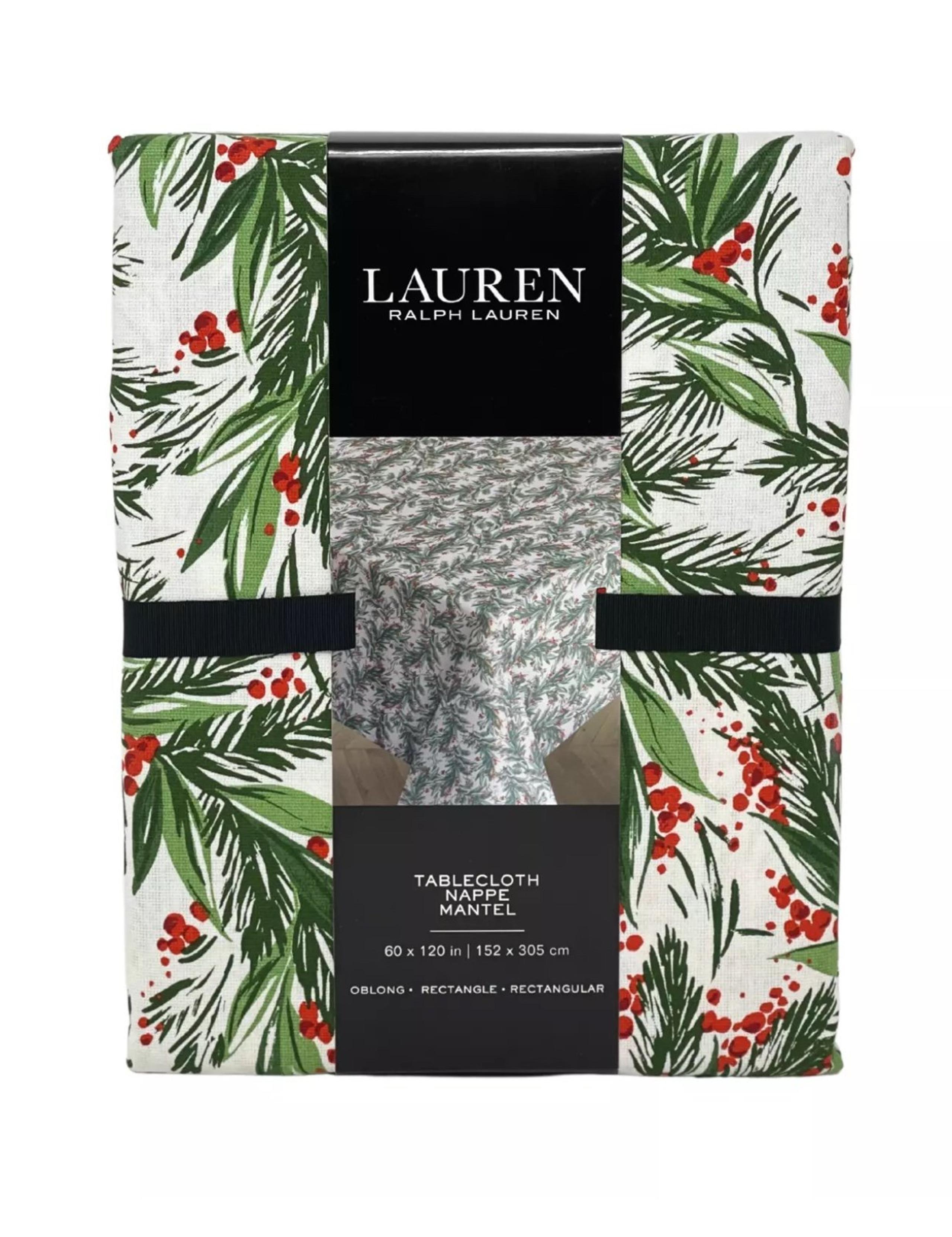 RALPH LAUREN 60” x `120" Mistletoe & Cedar Christmas Holiday Designer Tablecloth