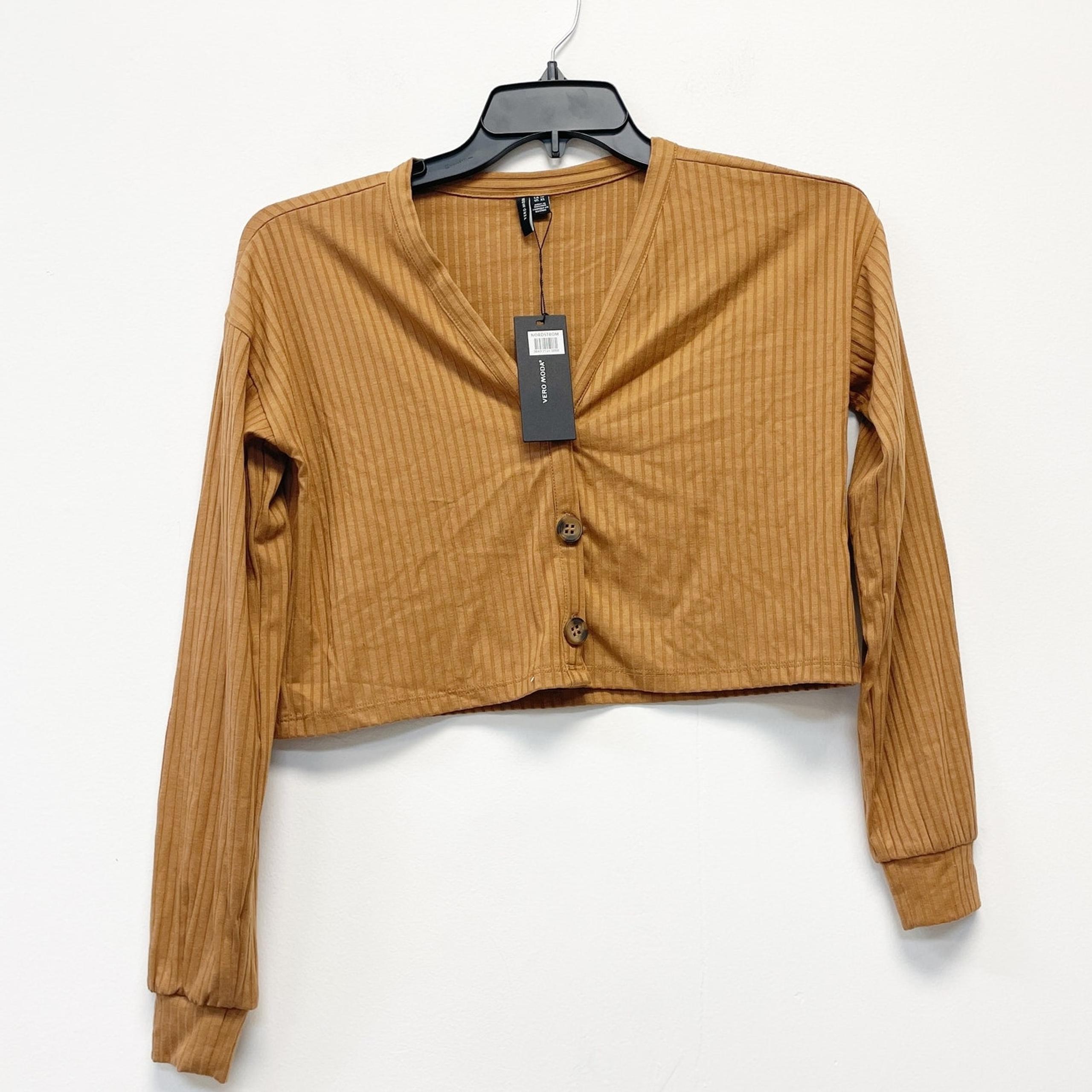 Vero Moda NWT Women's XS Brown Ribbed Crop Boxy V-Neck Button Up Cardigan