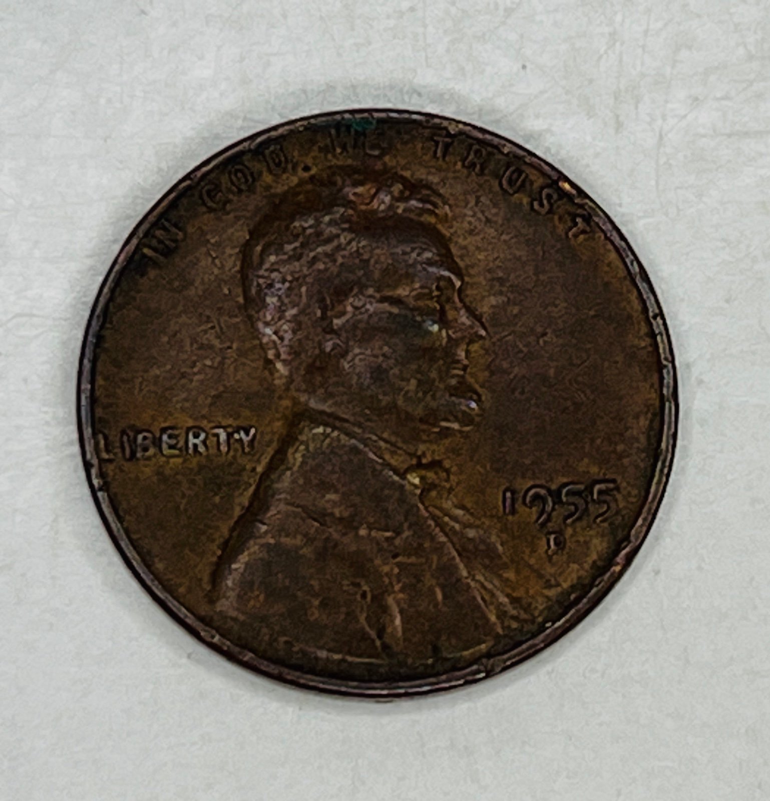 1955-D Lincoln Wheat Penny Coin Mint Error The *I* In Liberty Is Crooked