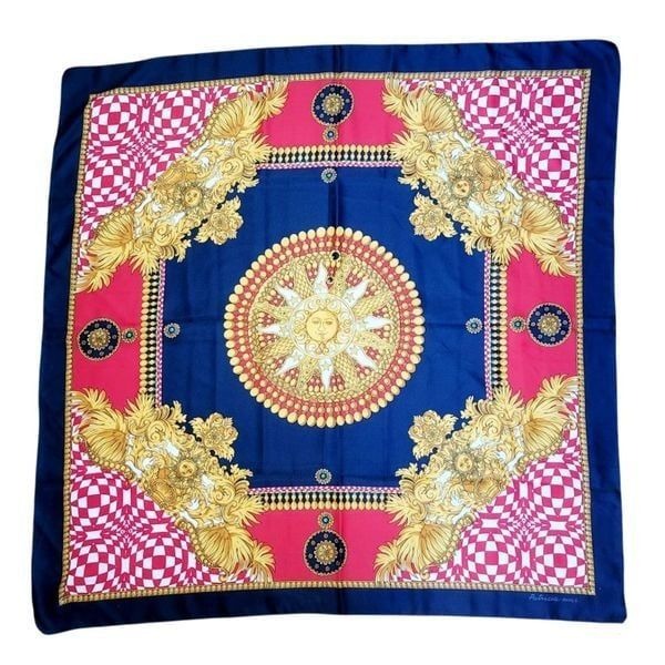 Vtg Patricia Paris Scarf 34 Cobalt Blue Pink & Gold Scarf with Sun Faces Italy