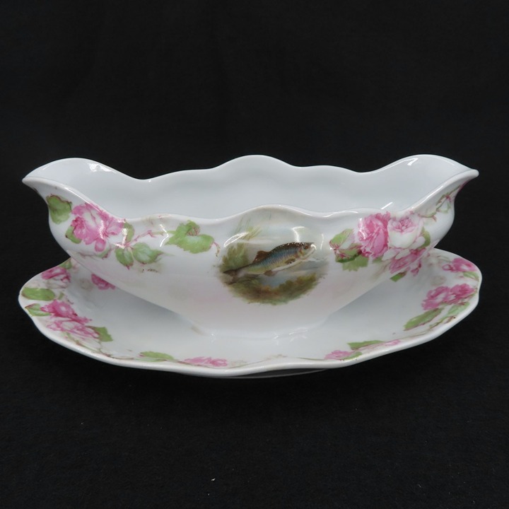 ZS & Co Bavaria Mignon Fish Pink Rose Flowers Floral Oval Gravy Boat Dish VTG