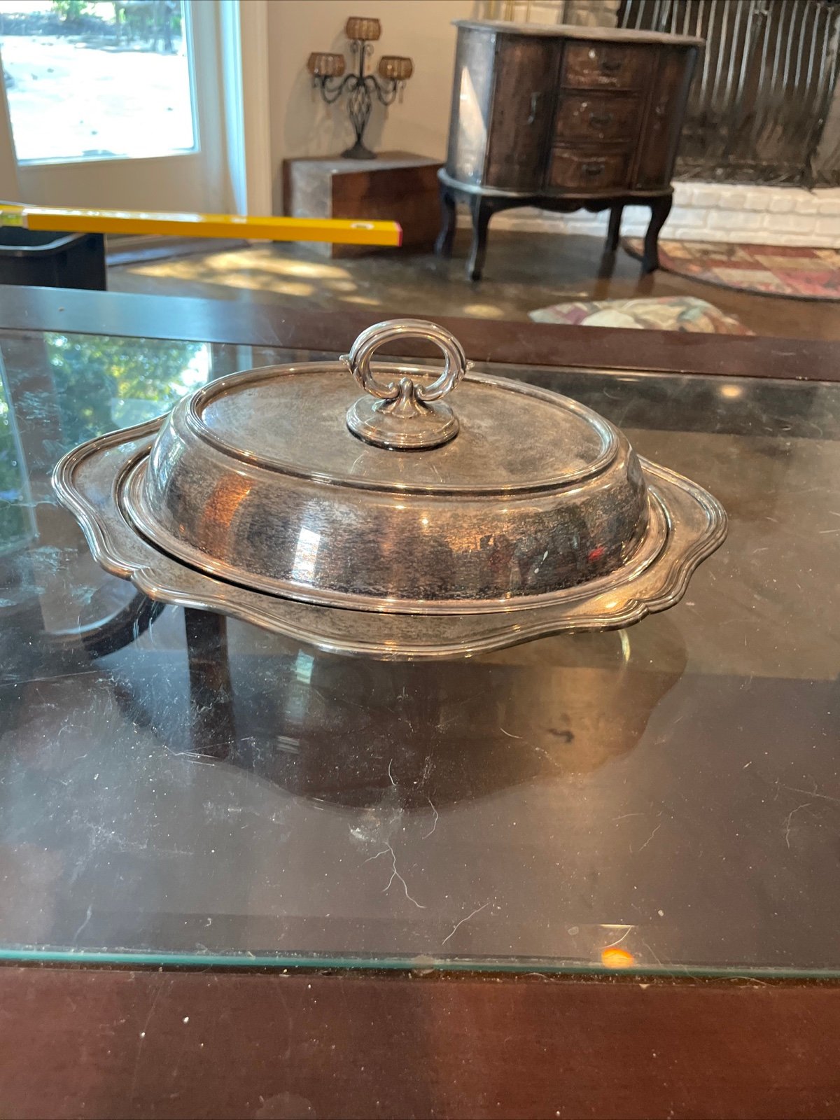 Vintage Covered Silver Plate Serving Dish 2 Compartments