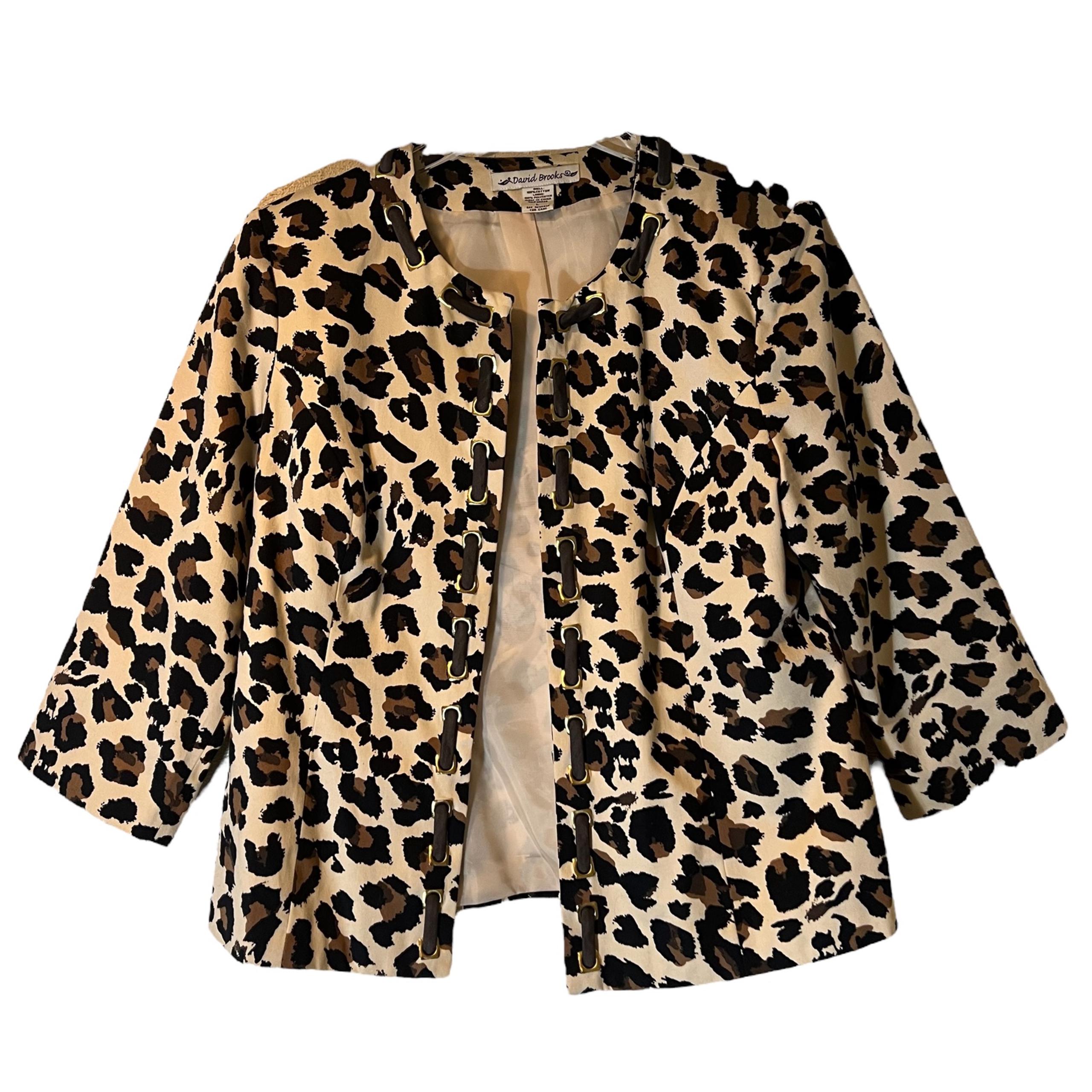 David Brooks Brown Animal Print Open Front Jacket Blazer Cropped 3/4 Sleeve L