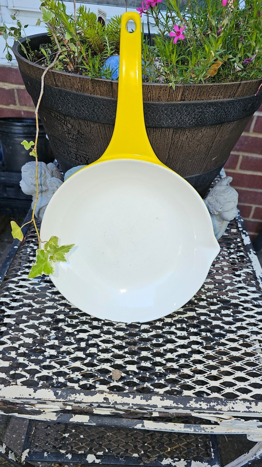 Vintage Copco Denmark 8.5 yellow frying pan enamelware cast iron