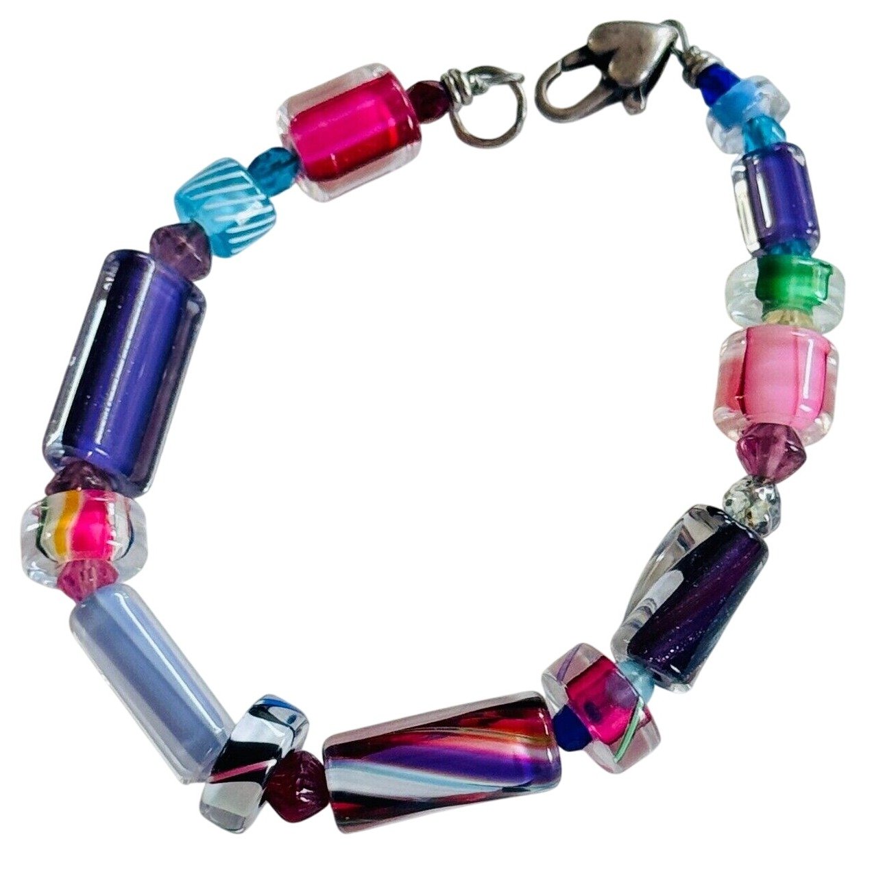 Lamp work Art glass beaded Bracelet Rare Colorful sterling 925 Clasp arm candy