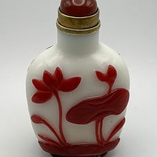 Antique Opaline Glass Snuff Bottle with Red Glass Overlay of Lotus Design