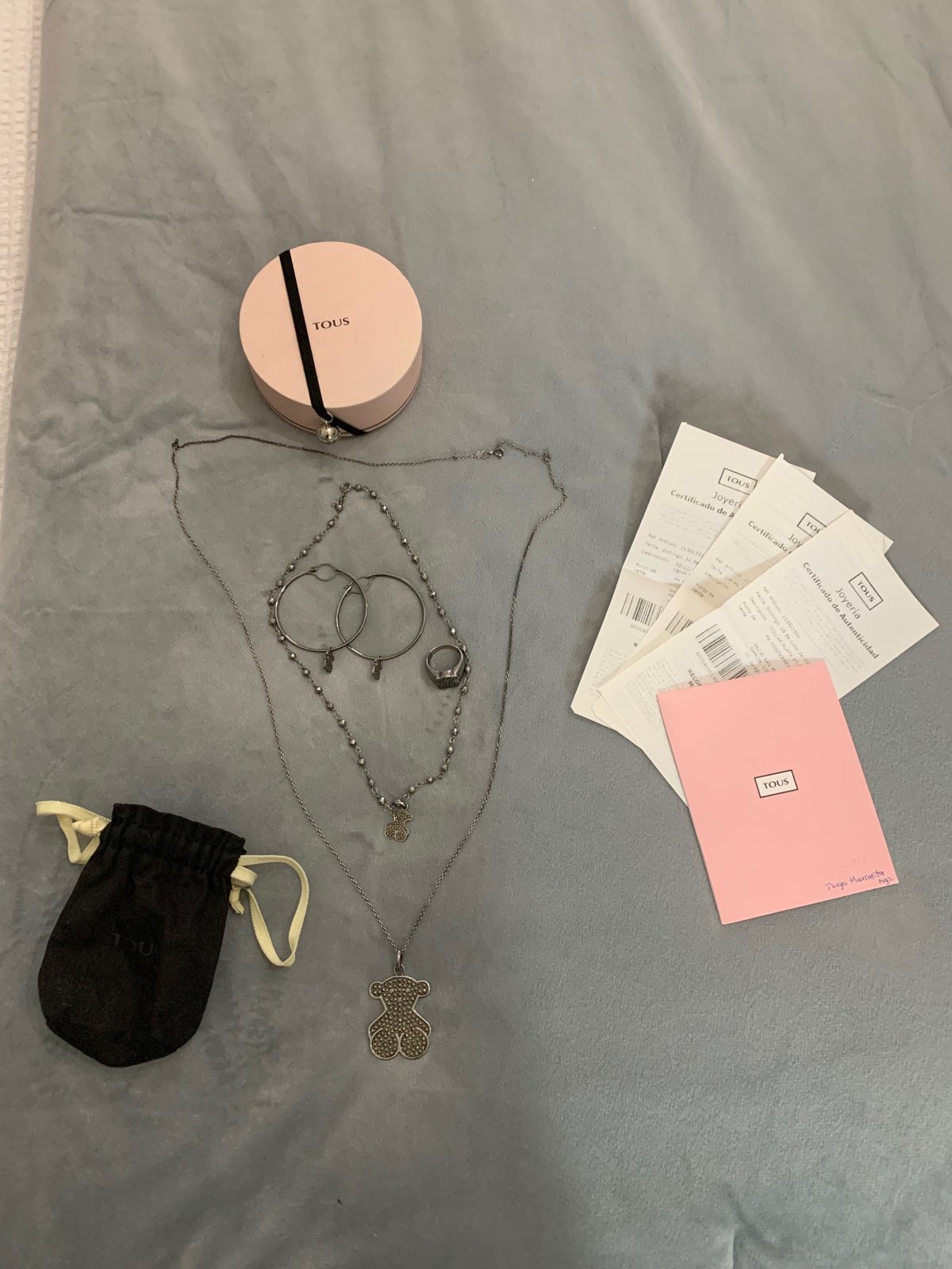 Authentic Tous set dark silver 925 and marcasite necklace earrings ring