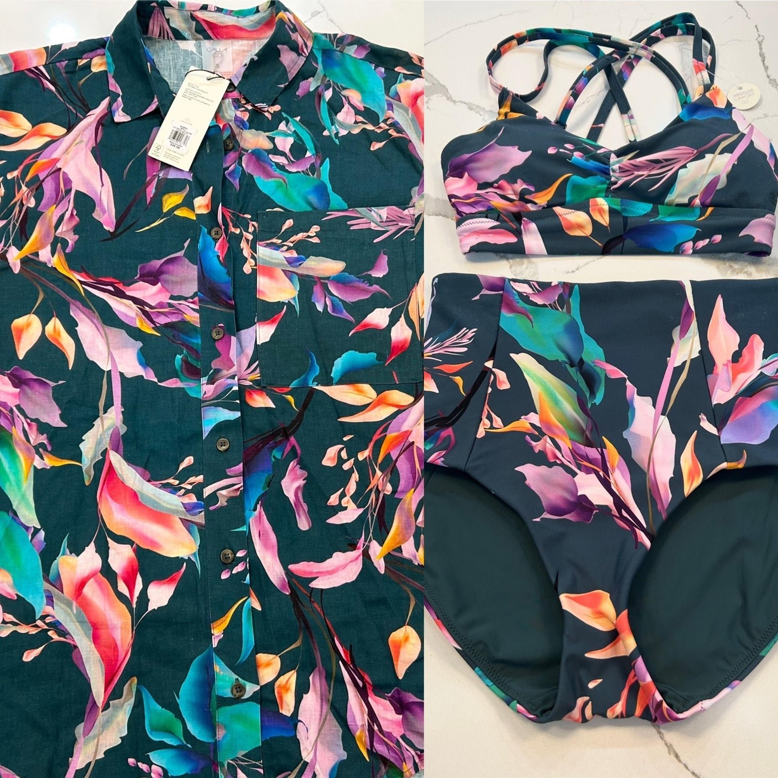 Calia Set- 3-Piece Bikini & Coverup Set - Aqua Multi - Size XS/S