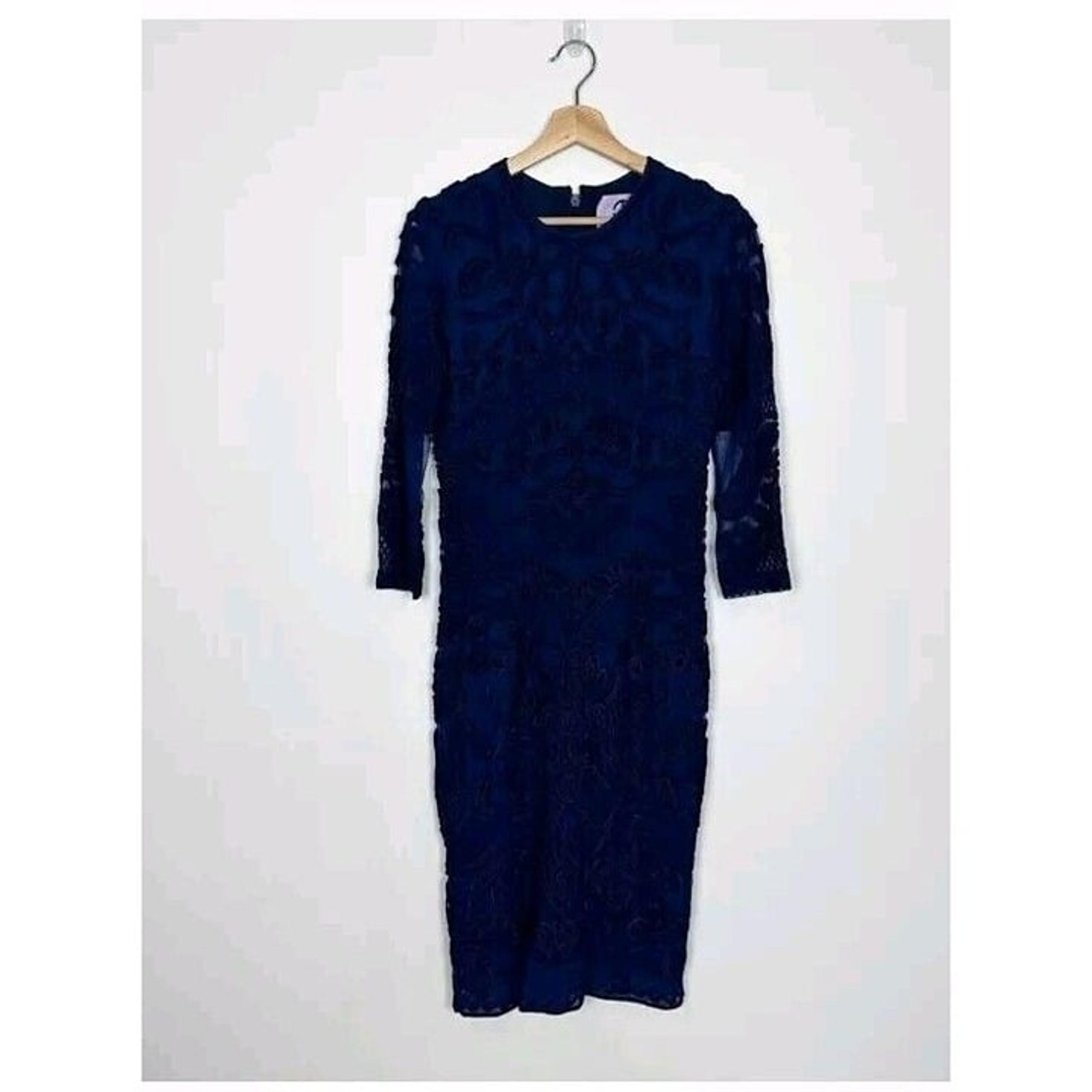 JS Collections Jewelneck Sheath Midi Dress Size 8 Blue L/S Wedding Soutache