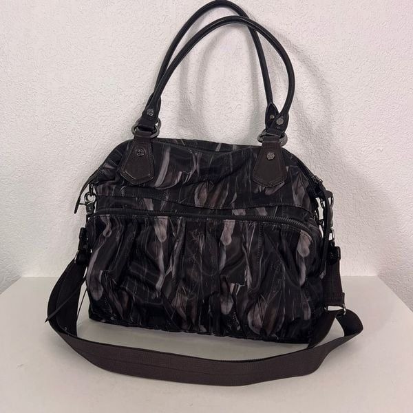 MZ Wallace Black & White Nylon Raven Bedford Large Satchel with Crossbody Strap