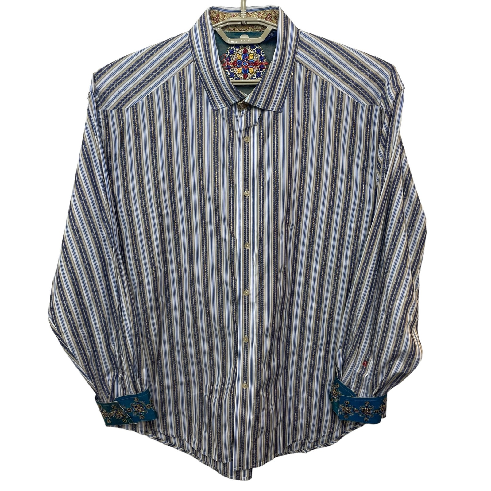 NEW Robert Graham Men’s Striped Button Down Shirt Silk Trim Flip Cuff Size XXL