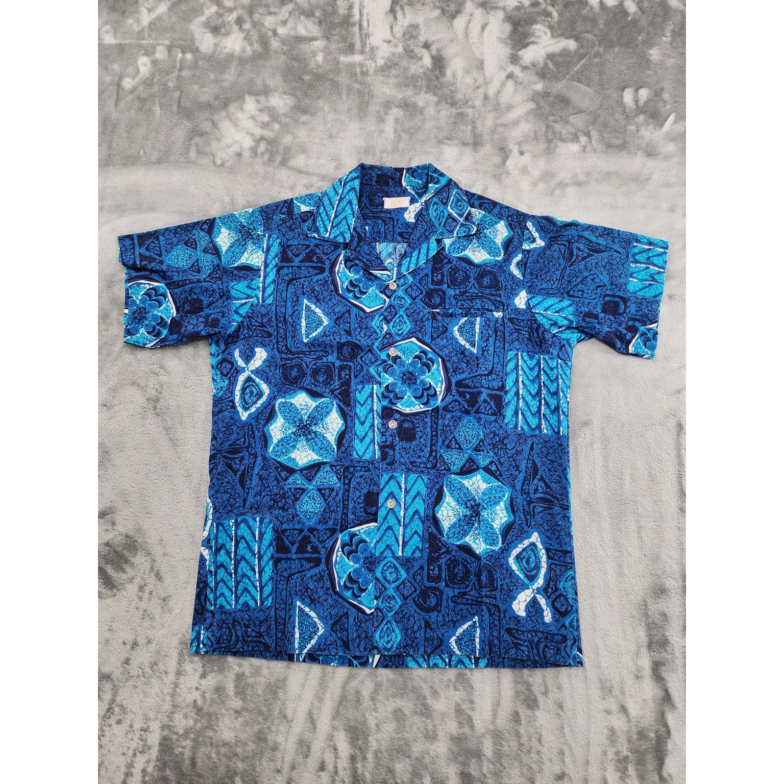 Vintage 50s Kelii's of Hawaii Barkcloth Cotton Hawaiian Camp Shirt Size M Blue