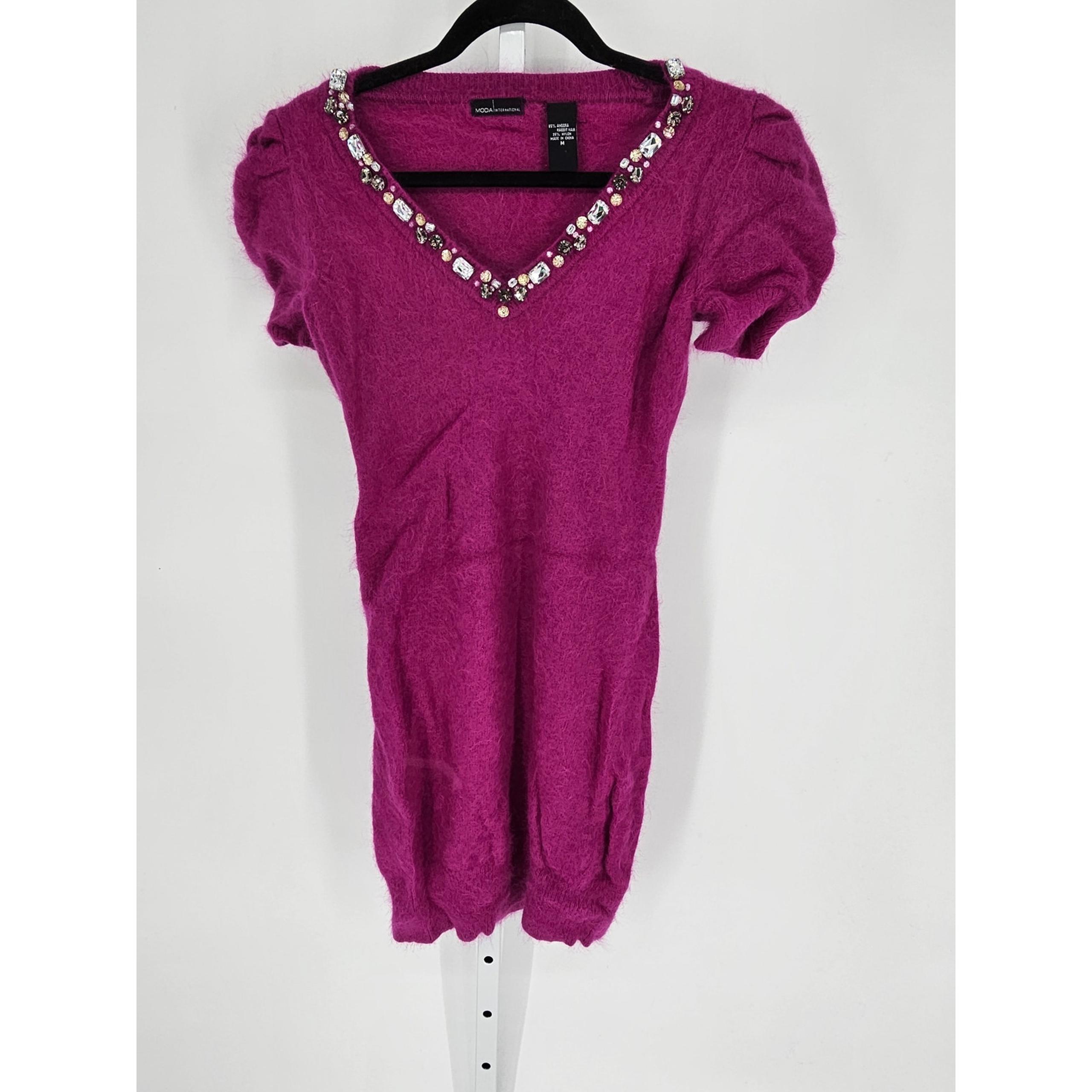 Moda Intl Purple Angora Rabbit Hair Blend Jeweled Tunic Sweater Dress Size M