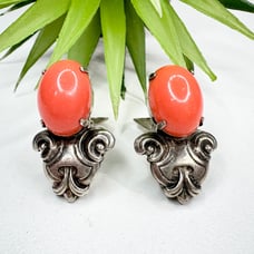 Vintage GAS Bijoux St. Tropez Faux Coral Cabochon Silver Tone Clip On Earrings