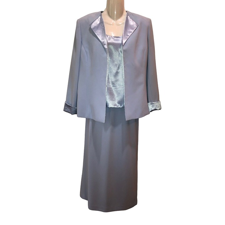 VTG Nipon Boutique Size 10 3 Piece Lined Suit Baby Blue Blazer Midi Skirt Top