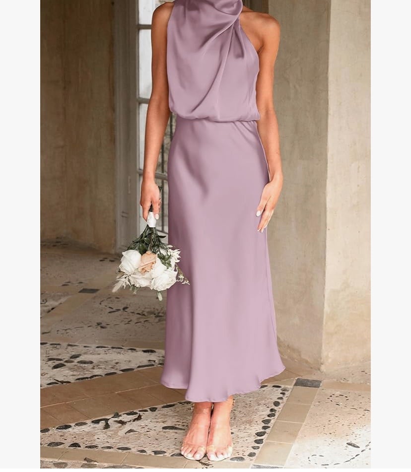 PRETTYGARDEN Women's 2025 Summer Satin Dress Elegant Sleeveless Mock Neck Cockta