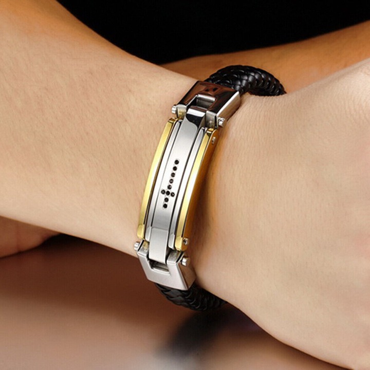 Men's Cross Prayer Braided Leather Stainless Steel Bracelet Cuff Wristband