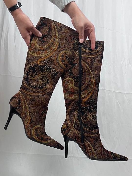 Vintage Diba Velvet Multi-Color Paisley Print Stiletto Knee-High Boots-Women’s 6