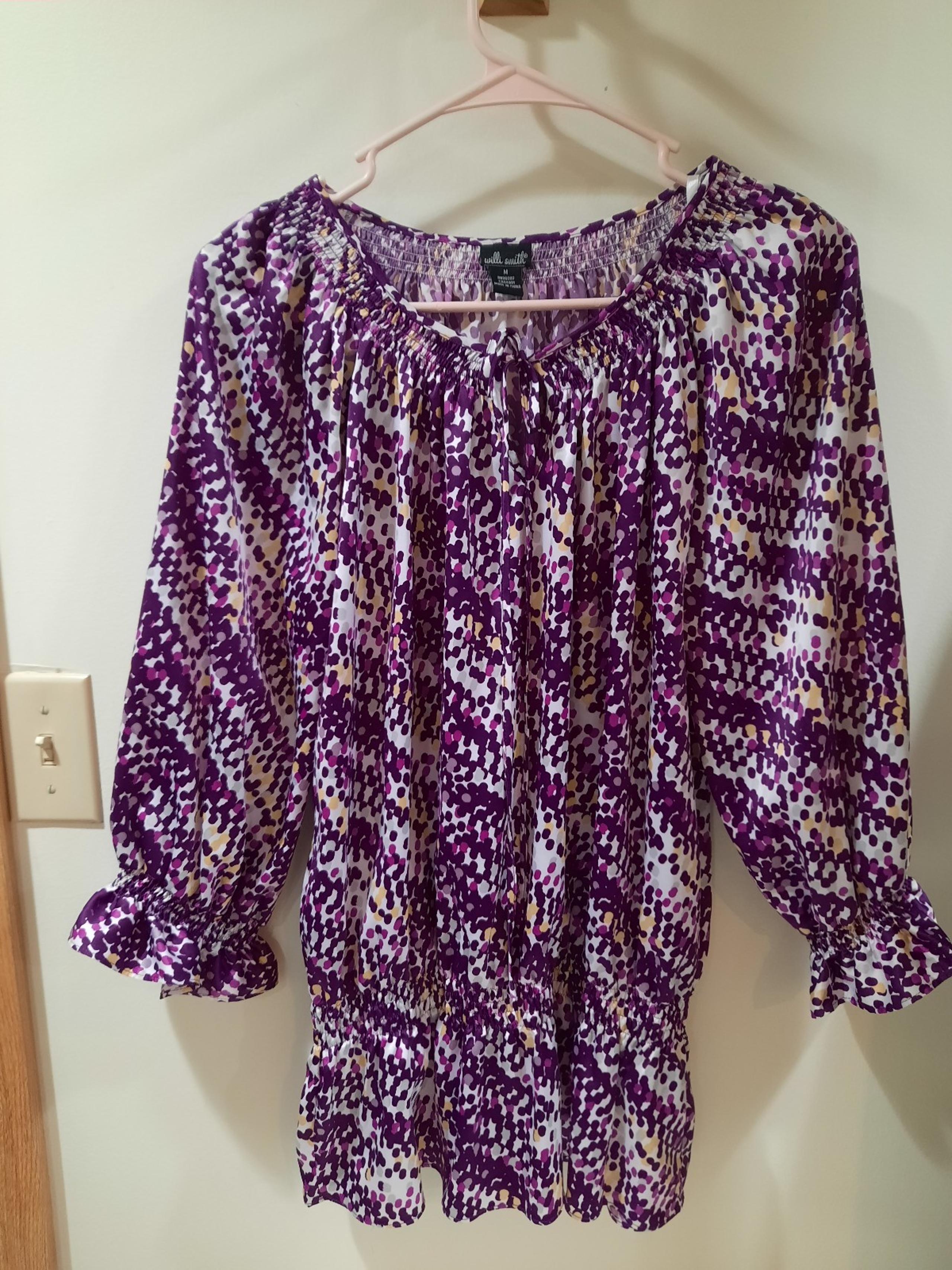 Willie Smith Blouse Sz. Meduim 3/4 Sleeves Summer Purple Multi Pretty Flattering