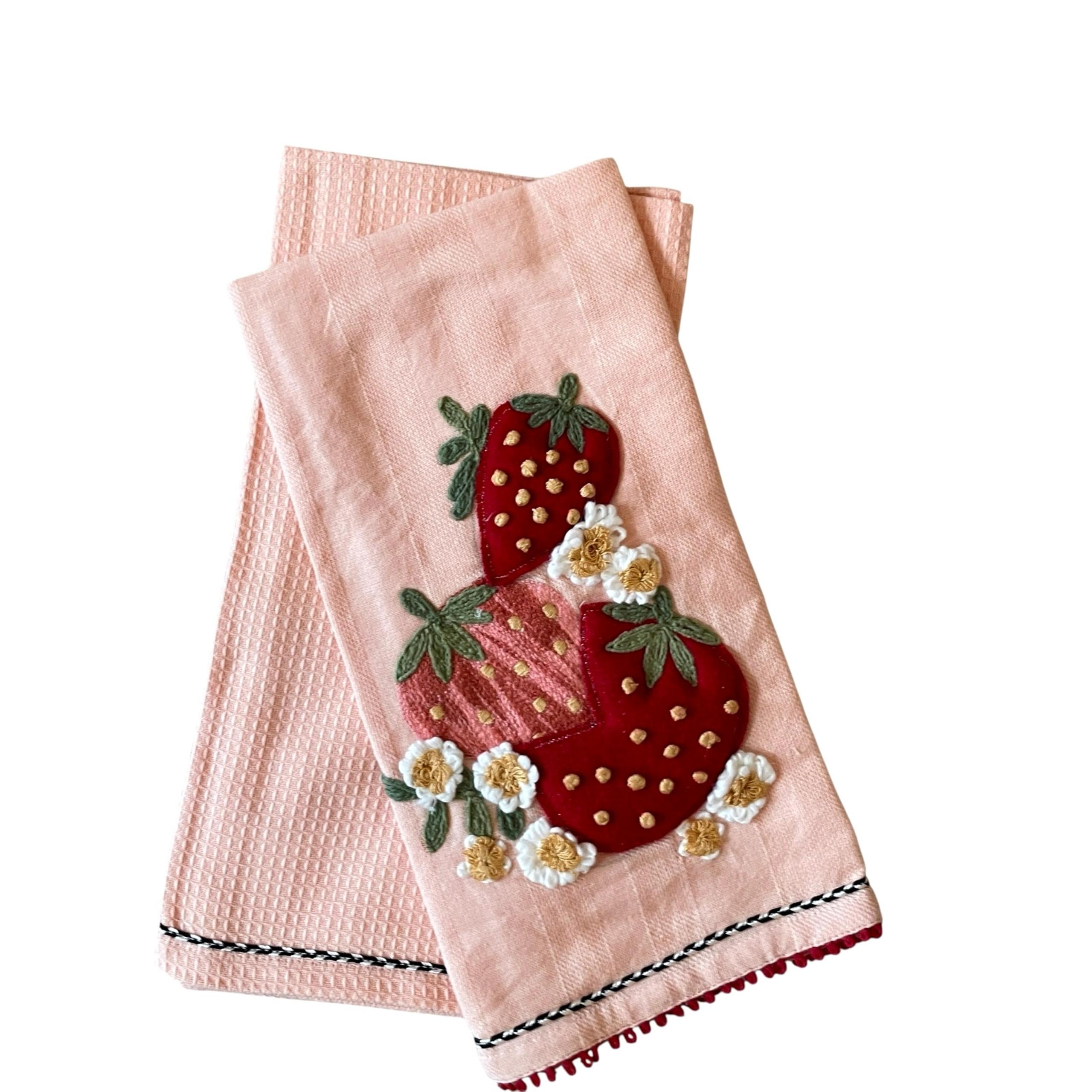 Mackenzie Childs Strawberry Embroidered Dish Towels, Set of 2 NEW
