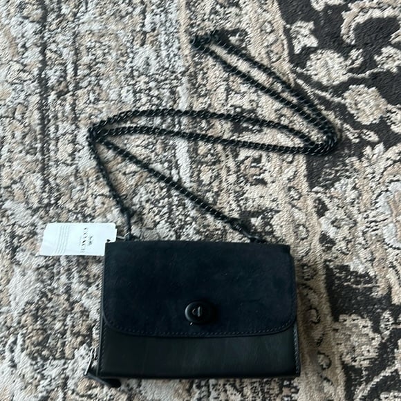 NWT Coach black suede and leather chained wallet
