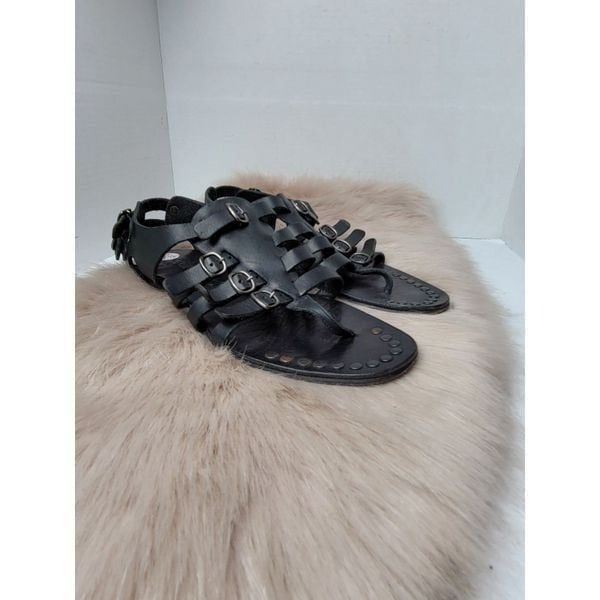 Pedro Garcia Gladiador Black Leather Flat Womens Sandals Shoes Size 7.5