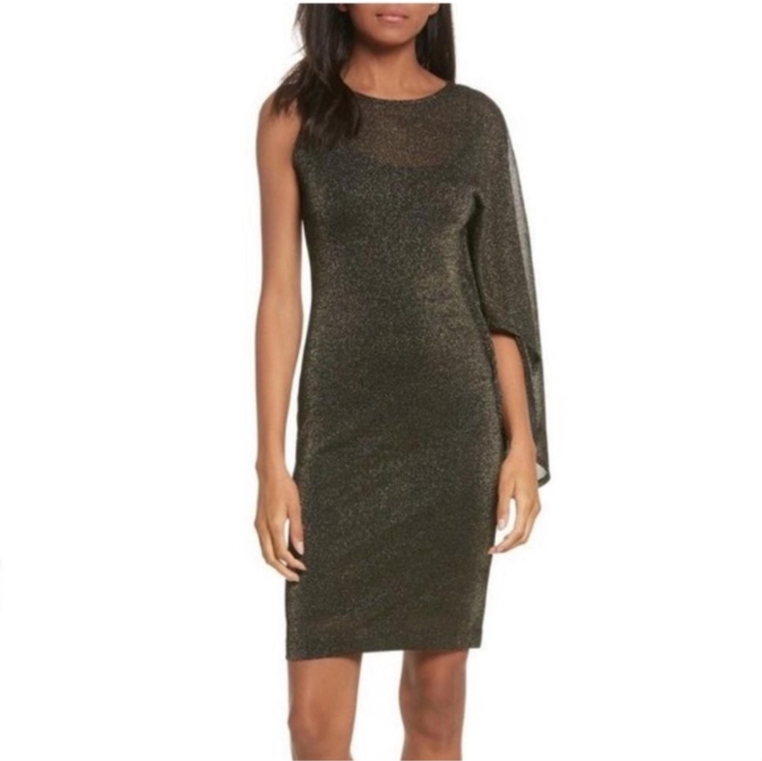 Ted Baker Women's Monyca Draped One Shoulder Dress Gold Metallic Cocktail sz 6