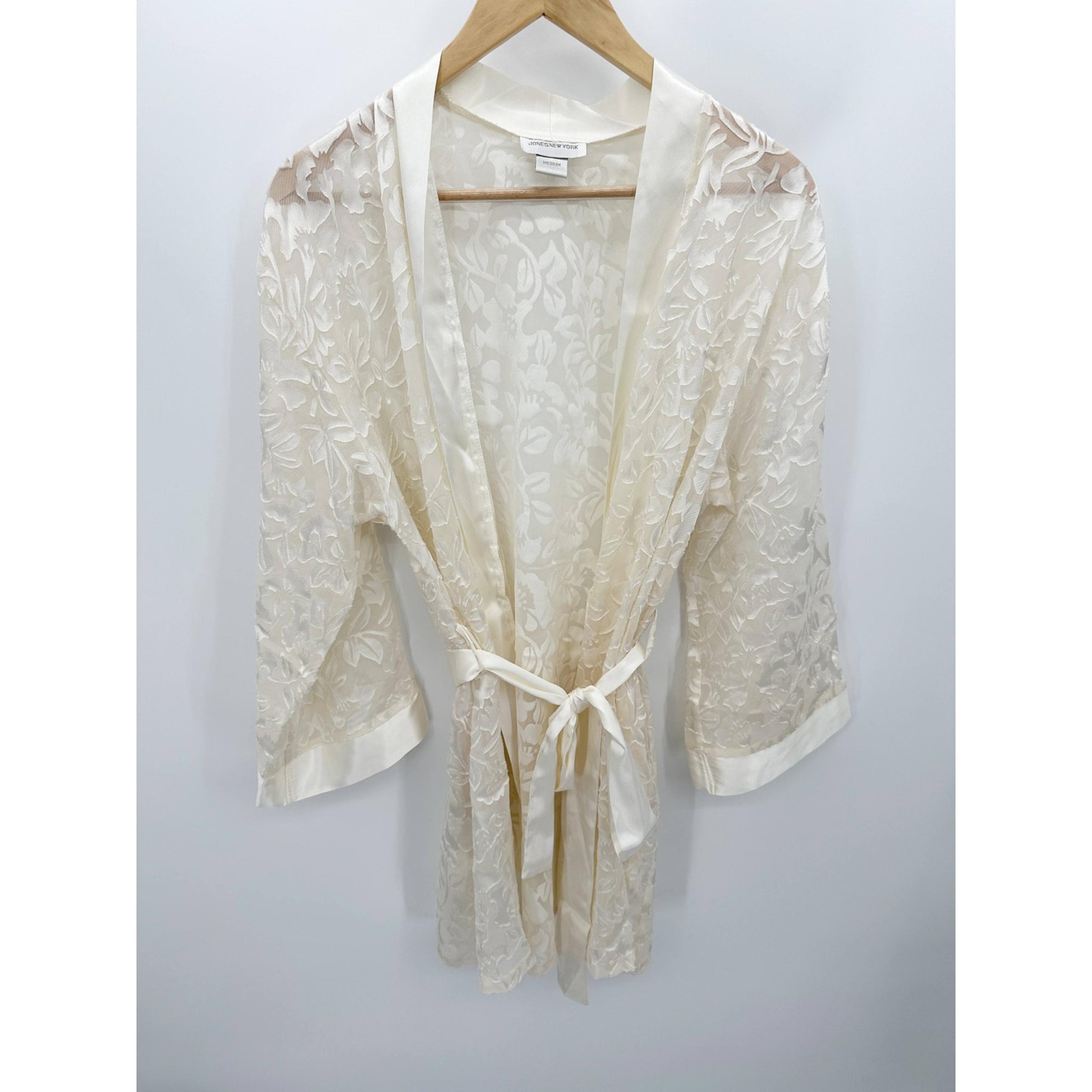 Jones New York VTG Ivory Floral Satin Long Sleeve Robe Women's Size Medium M
