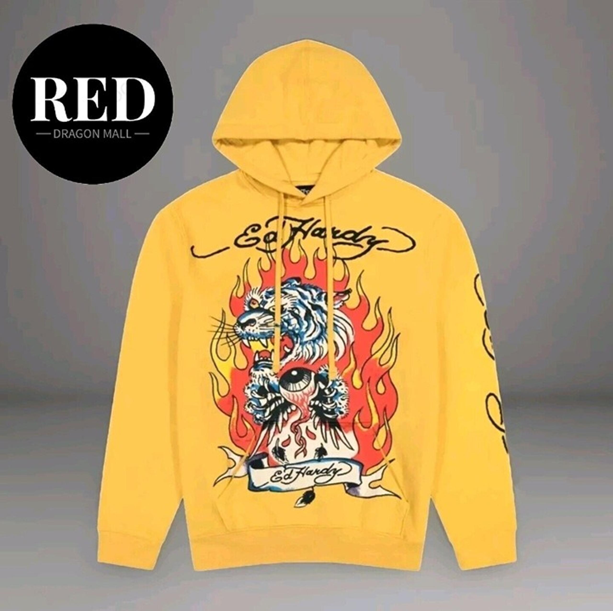 Ed Hardy  Fire Tiger Golden Yellow Pullover Hoodie - Size L - MSRP $ 98.00